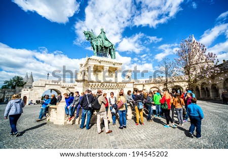 Budapest, Hungary-april 15, 2014: View of St. Stephen Statue at Fishermen\'s Bastion, is one of the most-visited attractions in Budapest, on 15 april 2014