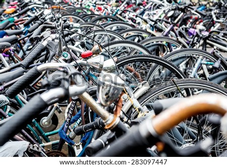 Eindhoven, Netherlands - May 23, 2015: Bicycle parking in Eindhoven Central Station. Bicycles are popular way to get around for the Dutch