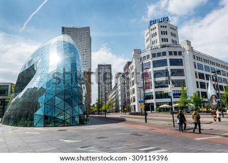Eindhoven, Netherlands - May 24, 2015: Day view of the old Philips factory building and modern futuristic building in the city centre of Eindhoven. Western Europe