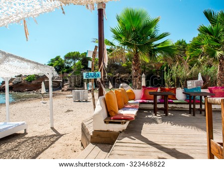 Outdoor bar on the beach of Ibiza. Balearic Islands. Spain