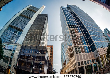 Frankfurt am Main, Germany- September 24, 2013: Skyscrapers of Frankfurt am Main. Frankfurt am Main is a dynamic and international financial and trade city with the most imposing skyline in Germany.