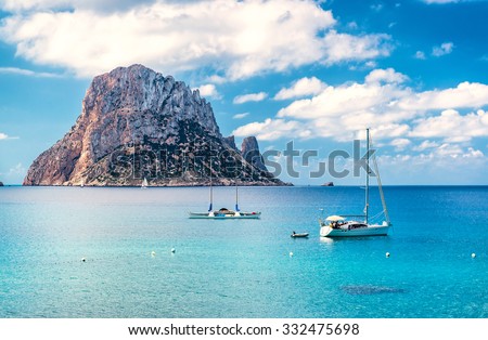 Picturesque view of the mysterious island of Es Vedra. Ibiza, Balearic Islands. Spain