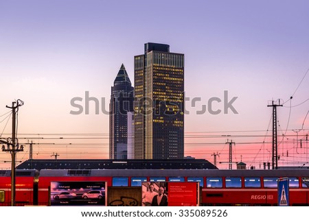 Frankfurt am Main, Germany- September 24, 2013: Sunset over Frankfurt am main train station and view of modern glass skyscrapers. Germany