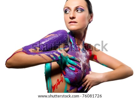 Beautiful woman with colorful body painting over white background 