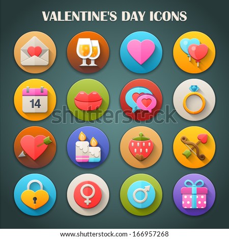Round Bright Icons with Long Shadow Valentine's Day Round Bright Icons with Long Shadow Valentine's Day