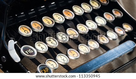 Old Manual Typewriter keys - dirty and faded keys on black cover.
