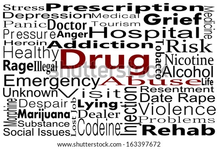 Drug abuse concept with word collage. Symbolizing prescription and illegal drug abuse