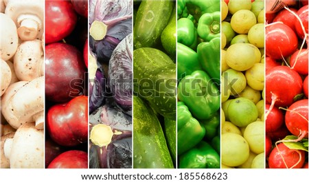 Fresh Fruits and vegetable rainbow made of summer and spring harvest