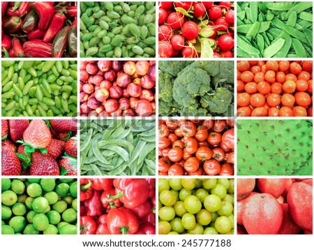 Fruits and Vegetable collage in Red and Green theme showing diversity in food
