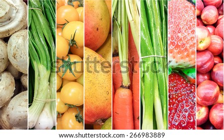 Collage of fruits and vegetables. Refreshing Summer background