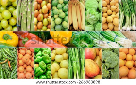 Collage of fruits and vegetables. Refreshing Summer background