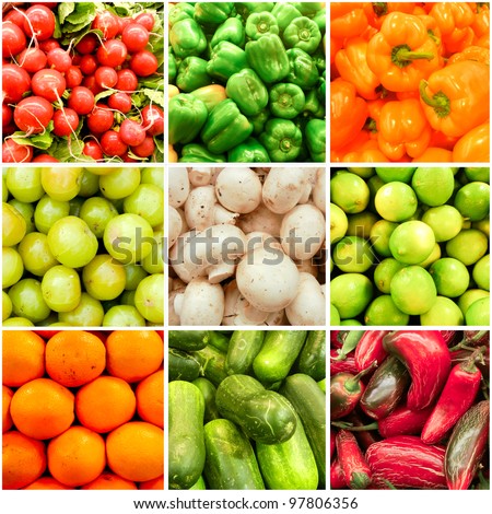 Spring Summer Fruit and Vegetable collage. Health Backdrop. Active Lifestyle.
