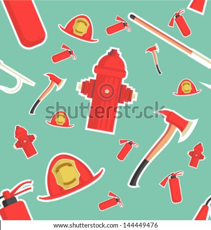 vector seamless pattern pattern for fire fighting equipment, fire helmet, fire ax and firefighter hook, fire extinguisher