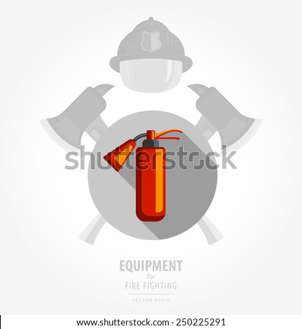 Vector flat color icon illustrations, equipment for firefighter or volunteer. Color image on black and white background in form emblem of the shield and ax. fire extinguisher