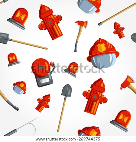 Color vector seamless pattern firefighter equipment. Flat icon background. Helmet, helm, ax, hatchet, axe, hook, hydrant, alert, alarm, siren.