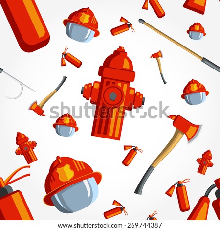 Color vector seamless pattern firefighter equipment. Flat icon background. Hydrant, fireplug, extinguisher, helmet, helm, ax, hatchet, axe, hook.