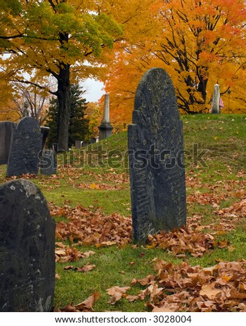 American Revolutionary War gravestones with autumn leaves in New England