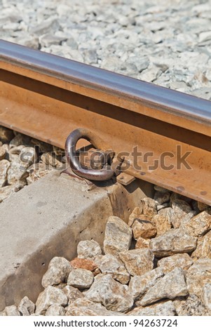 The Close-Up of a Rail Fastener, a Rail Line, and a  Concrete Sleeper