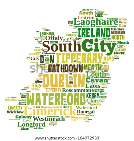 IRELAND map words cloud of major cities with a white background