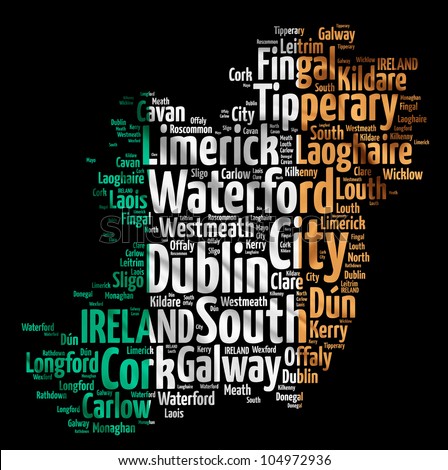 IRELAND map words cloud of major cities with a black background
