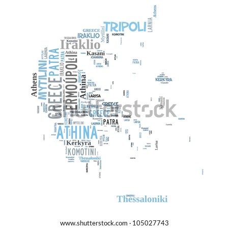 GREECE map words cloud of major cities with a white background