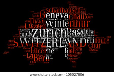 SWISS map words cloud of major cities with a black background
