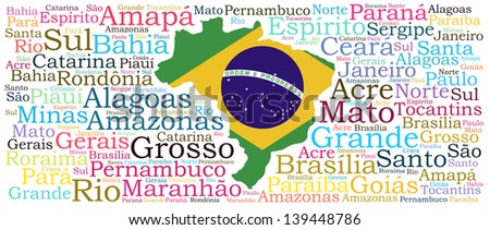 BRAZIL map words cloud of major cities with a white background