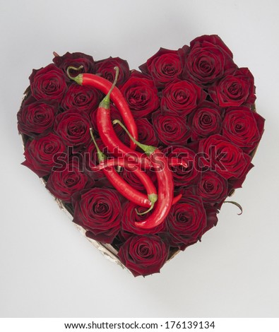 Heart shaped bouquet of red roses with chili peppers isolated over gray background