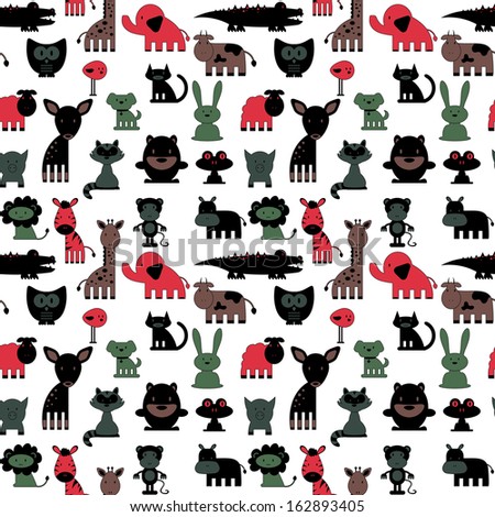 Seamless pattern with cute various colorful animals wild and domestic