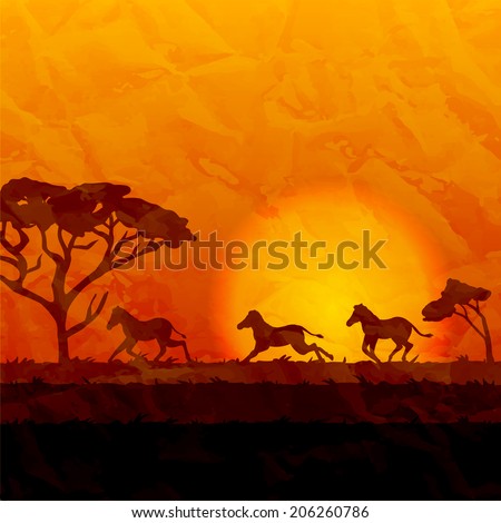 African landscapes, silhouettes of zebras running on sunset background
