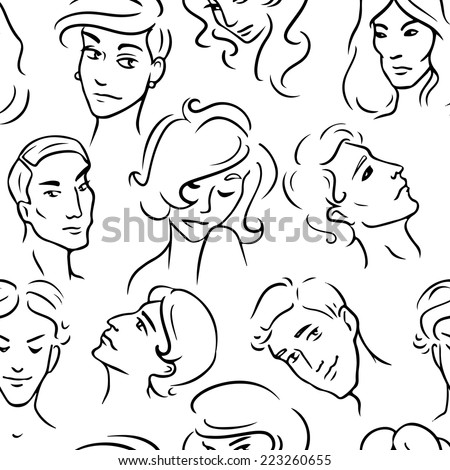 Seamless pattern with various sketchy people faces. Vector seamless texture for wallpapers, pattern fills, web page backgrounds