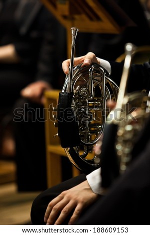 French horn in the hands of a musician closeup