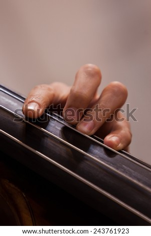 Hand of the musician on the bass strings