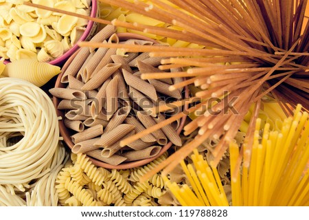different types of pasta. whole wheat pasta, pasta, corn, rice noodles
