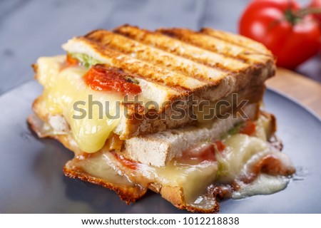 Grilled Cheese Sandwiches Cut in Half with Melted Cheese, Tomatoes and Spinach