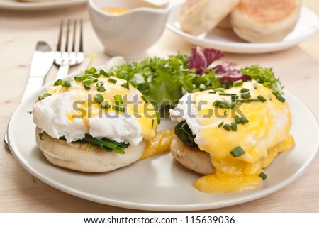Eggs Florentine- toasted English muffins, ham, poached eggs, and delicious buttery hollandaise sauce.