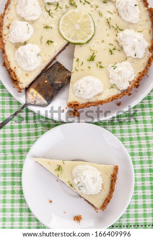 Traditional key lime pie decorated with whipped cream and lime zest on a dish