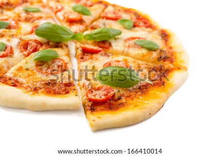 sliced margerita pizza isolated on white background