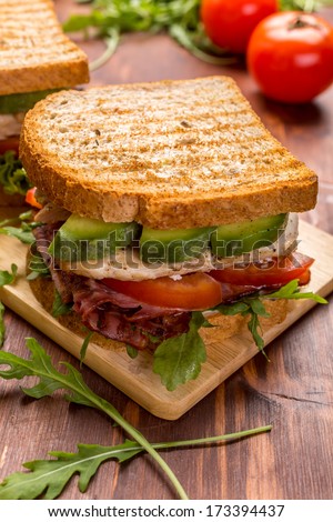 Grilled BLT Bacon, Lettuce and Tomato  Sandwiches with Chicken and Avocado