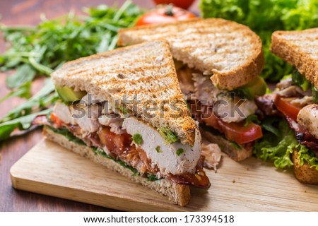 Grilled BLT Bacon, Lettuce and Tomato Sandwiches with Chicken and Avocado
