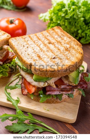 Grilled BLT Bacon, Lettuce and Tomato  Sandwiches with Chicken and Avocado