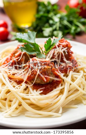 Plate of Spaghetti with Meatballs in Tomato Marinara Sauce