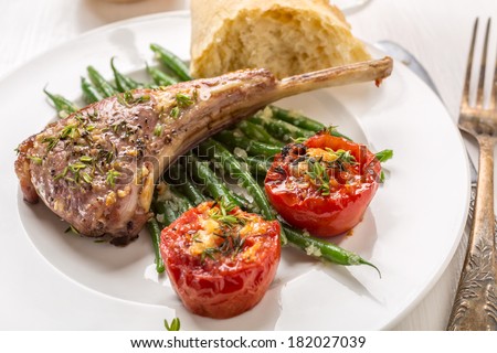 Roast Lamb Cutlets with Warm Green Beans  with  Shallots Salad and Roast Tomatoes