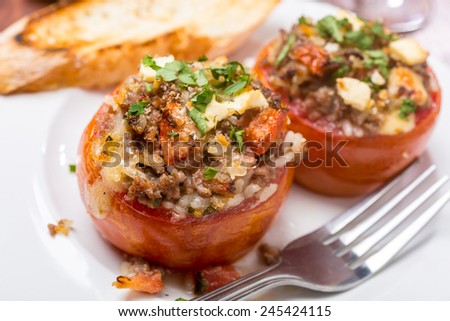 Baked Tomatoes Stuffed with Meat, Rice and Feta Cheese