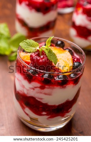 Glasses with  Fruit and Berry Parfait for Dessert