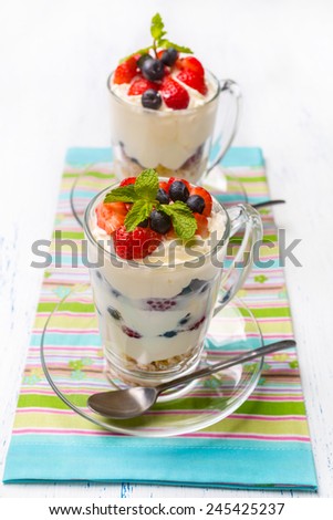 Glasses with  Fruit and Berry Parfait for Dessert