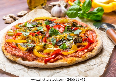 Super Healthy Vegan Whole Grain Vegetables and Mushrooms Pizza