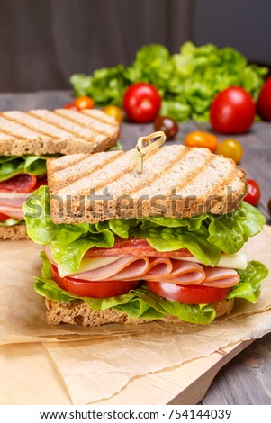 Healthy Ham, Salami, Cheese and Vegetables Sandwiches on Toasted Whole Grain Bread