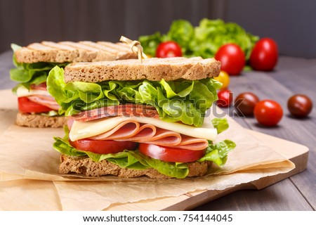 Delicious Ham, Salami, Cheese and Vegetables Sandwiches on Toasted Whole Grain Bread Isolated on white