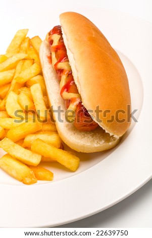 stock photo : hot dog with fries on plate. Save to a lightbox ▼